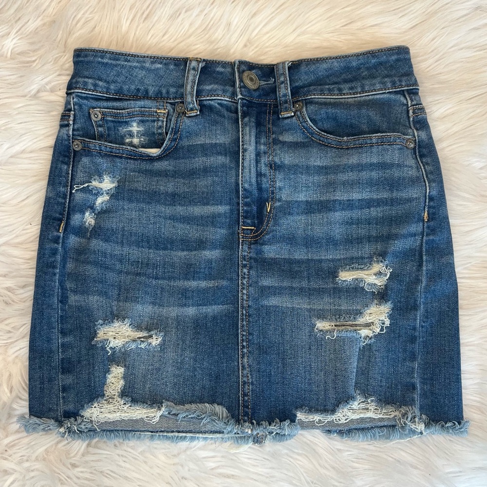 American Eagle Super Stretch High Rise Distressed Denim Mini Skirt